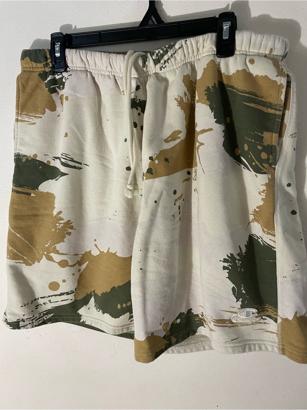 Champion Men’s Cream Shorts with Green and Brown Paint-Splatter